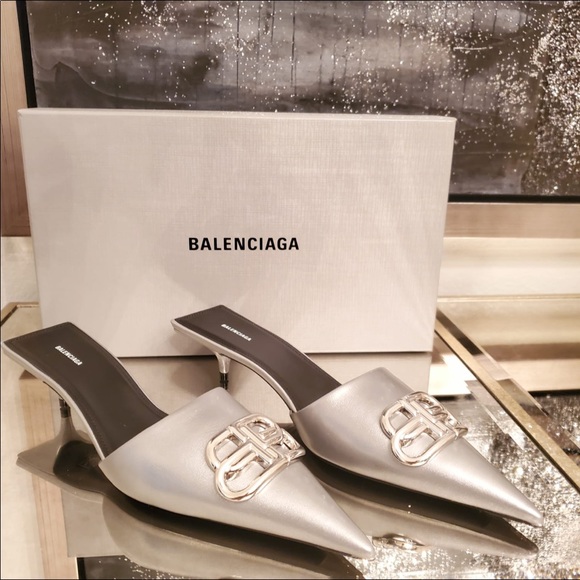 Balenciaga Shoes - Balenciaga BB metallic leather mules silver